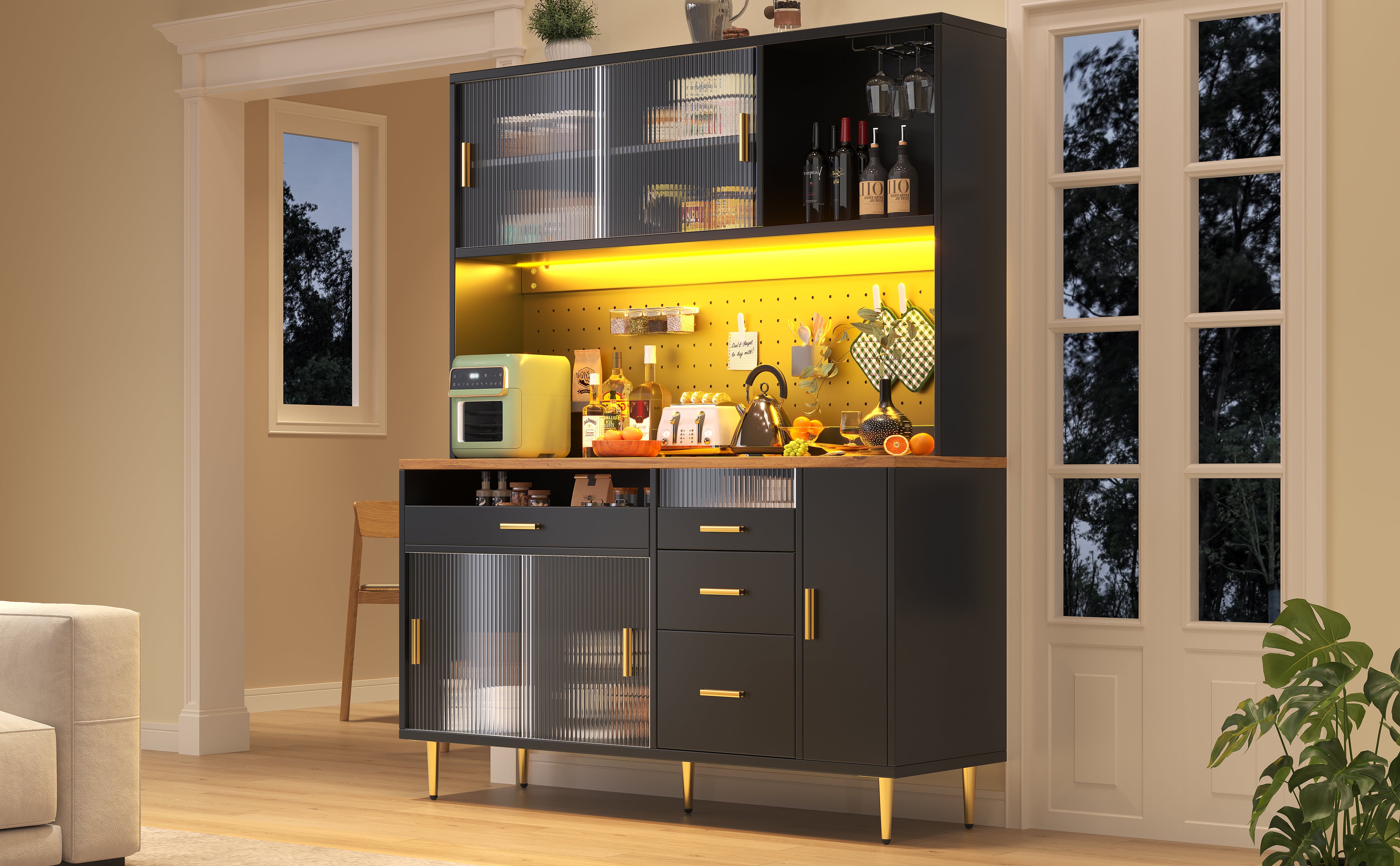 Highboard with LED Lighting & Pegboard Shelves, Tall Cabinet for Living Room, Kitchen & Dining Room Storage, Adjustable Freestanding Cupboard, 145x24x171cm, Black