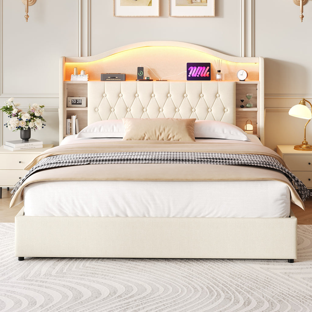 5ft King Upholstered Bed Frame with Hydraulic Storage, LED Curved Button Tufted Headboard with Charging Station and Concealed Headboard Storage, USB and Type - C Ports, Linen, Beige (No Mattress)