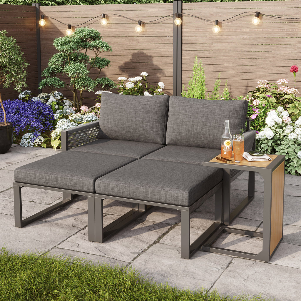 2-4 Seater Modular Garden Furniture Set with Plastic Wood Table, Flexible Corner Sofa with Polyester Rope and Waterproof Linen Fabric, Weatherproof Outdoor Patio Lounge Set, Grey