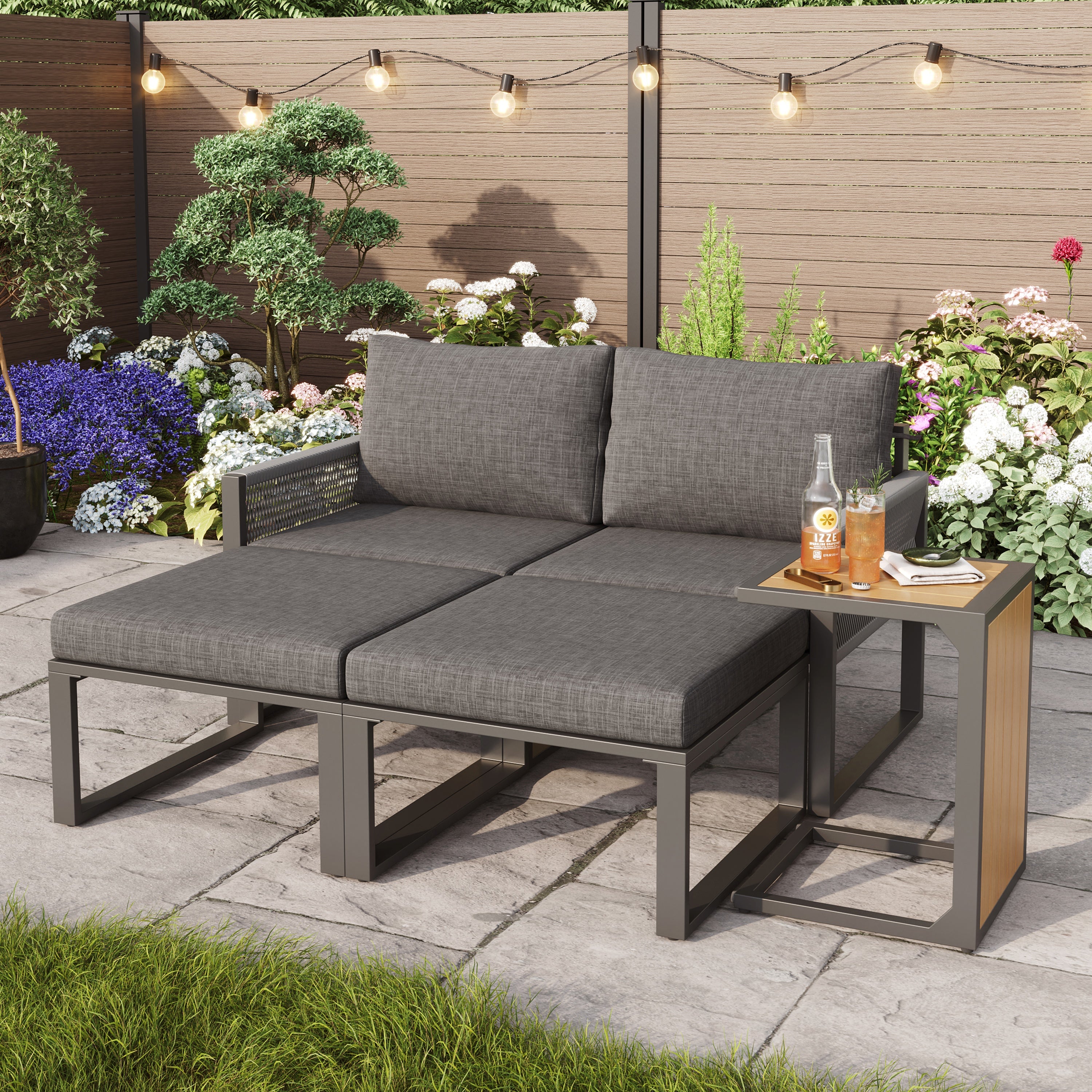 2-4 Seater Modular Garden Furniture Set with Plastic Wood Table, Flexible Corner Sofa with Polyester Rope and Waterproof Linen Fabric, Weatherproof Outdoor Patio Lounge Set, Grey