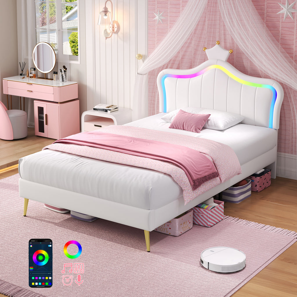 3ft Single Upholstered Bed with LED Adjustable Crown Shape Headboard, PU Leather Bed Frame with Solid Wood Slat, No Box Spring Needed, Easy Assembly, Cream White (No Mattress)