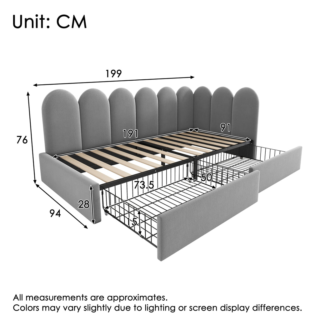 Upholstered Bed for Kids Daybed with Drawer Storage, 3FT Single Sofa Bed 90 x 190 cm, Sofa Bed for Adults and Children, Kids Bed Frame with Slatted Frame, Velvet, Grey (No Mattress)