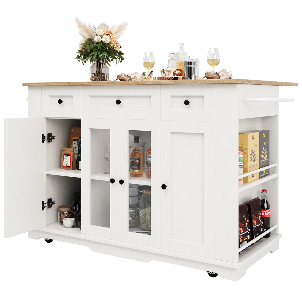 Kitchen island, (151.5x60x91.7cm)removable partitions, kitchen cabinet, dining trolley with worktop, sideboard, dining trolley with wood grain finish, sideboard, tempered glass cabinet, white/black