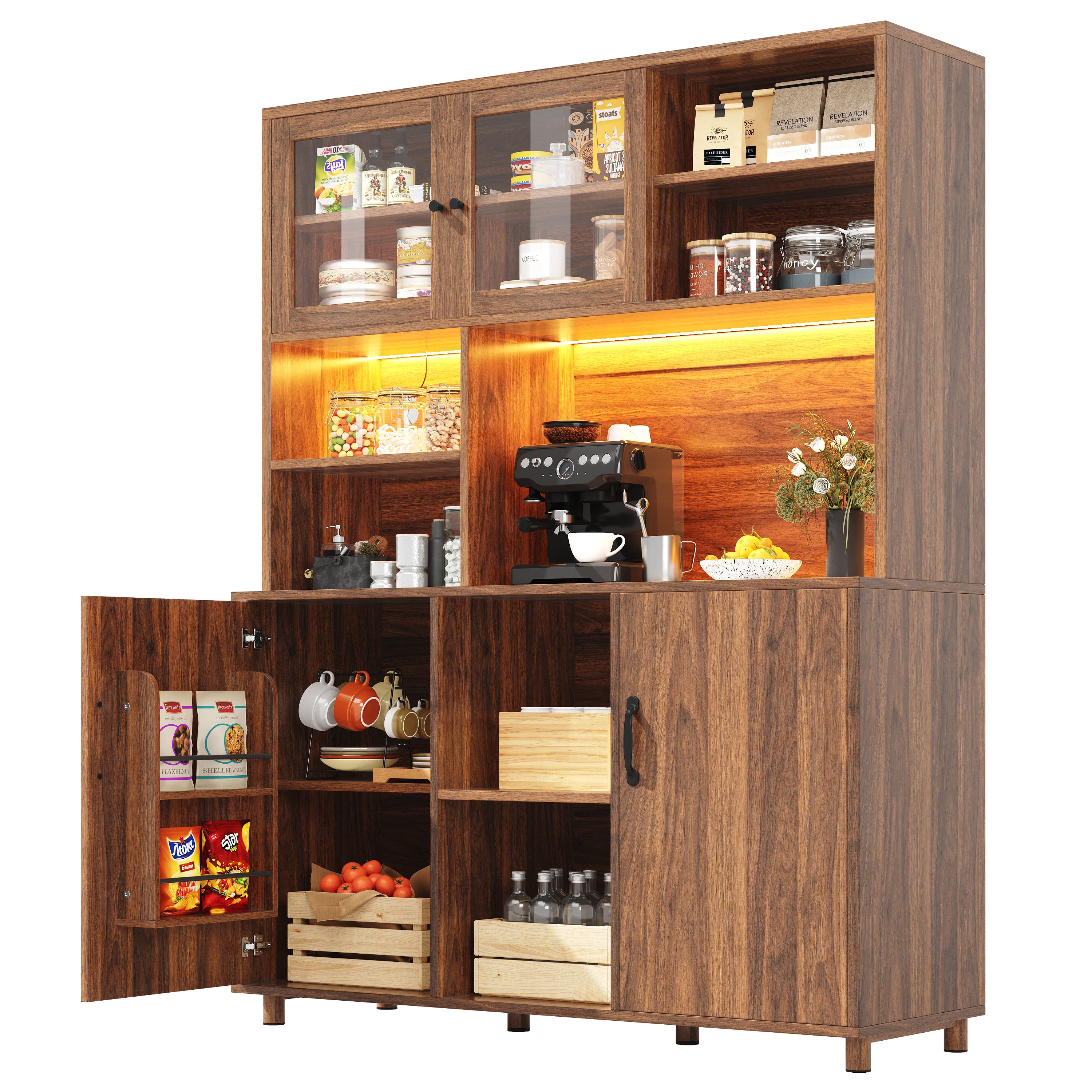 Tall cabinets for the living room, kitchen cabinet, dining room cabinet, cabinets with LED lighting, cabinet door with snack shelf, retro style, walnut color