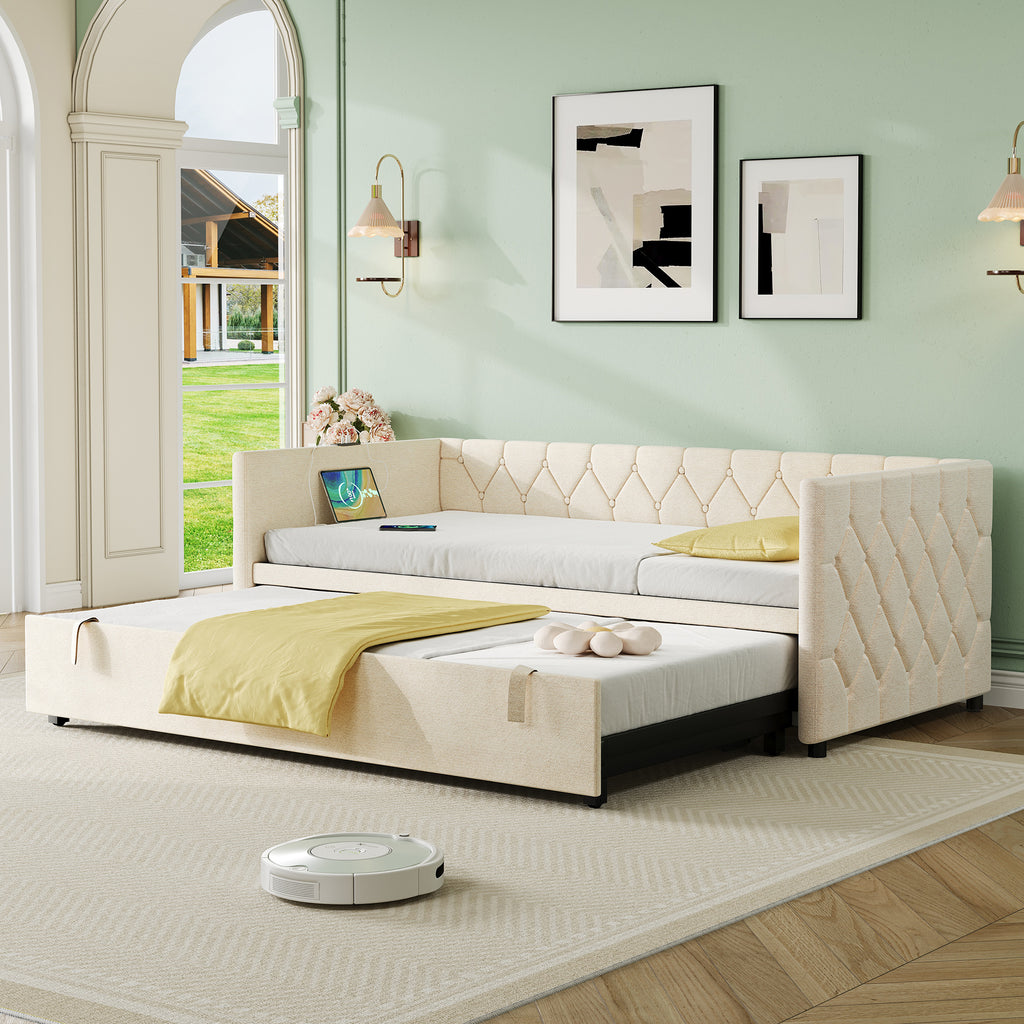 Upholstered Daybed, Sofa Bed with Charging Station, 3ft Single Button-tufted Bed with USB and Type - C Ports, Pull out Trundle Bed for Living Room/ Bedroom/ Study Room, Linen, Beige (No Mattress)