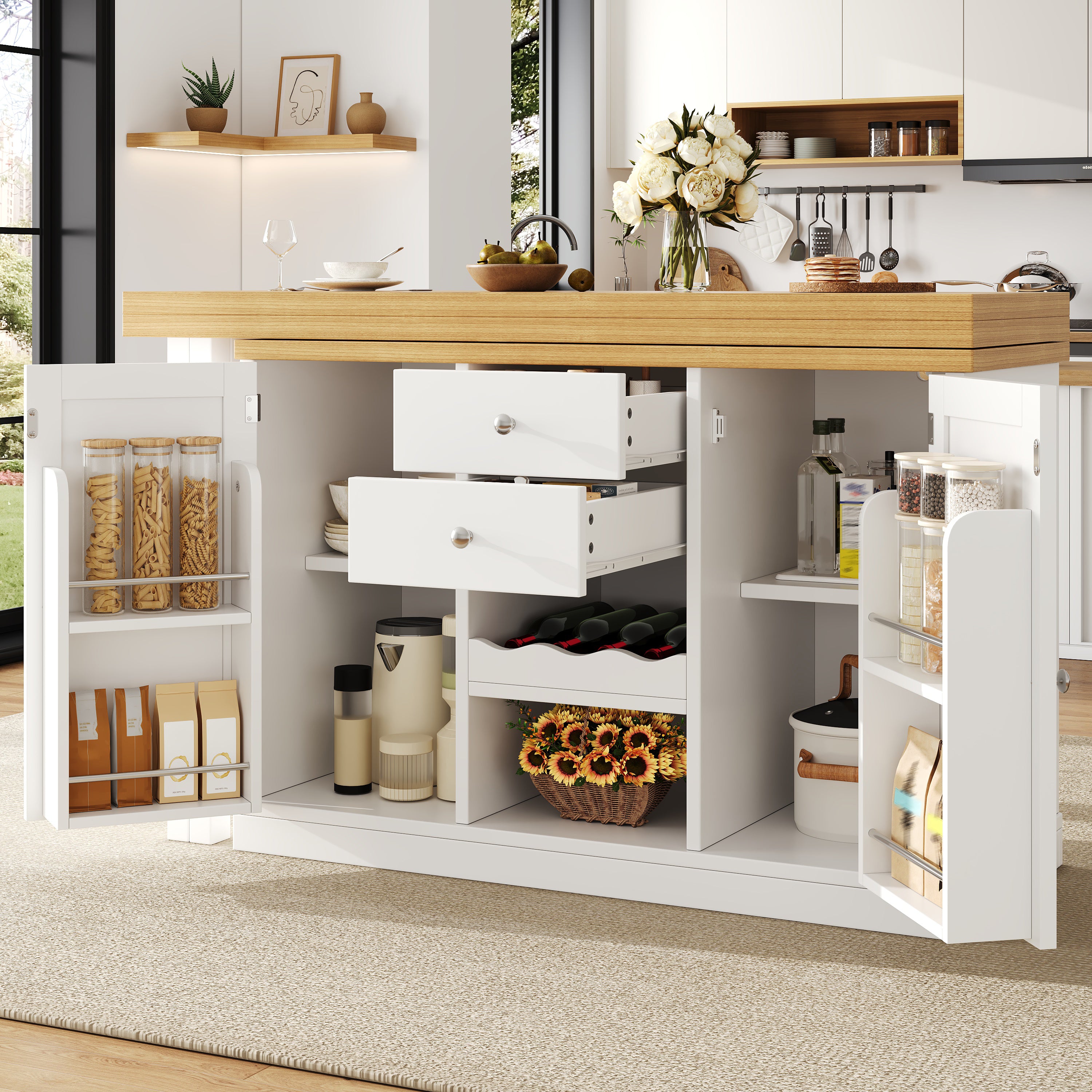 Extendable Sideboard & Dining Table Combo, 2 Drawers & Snack rack, Space-Saving Sideboard for Small Flats, White/Black