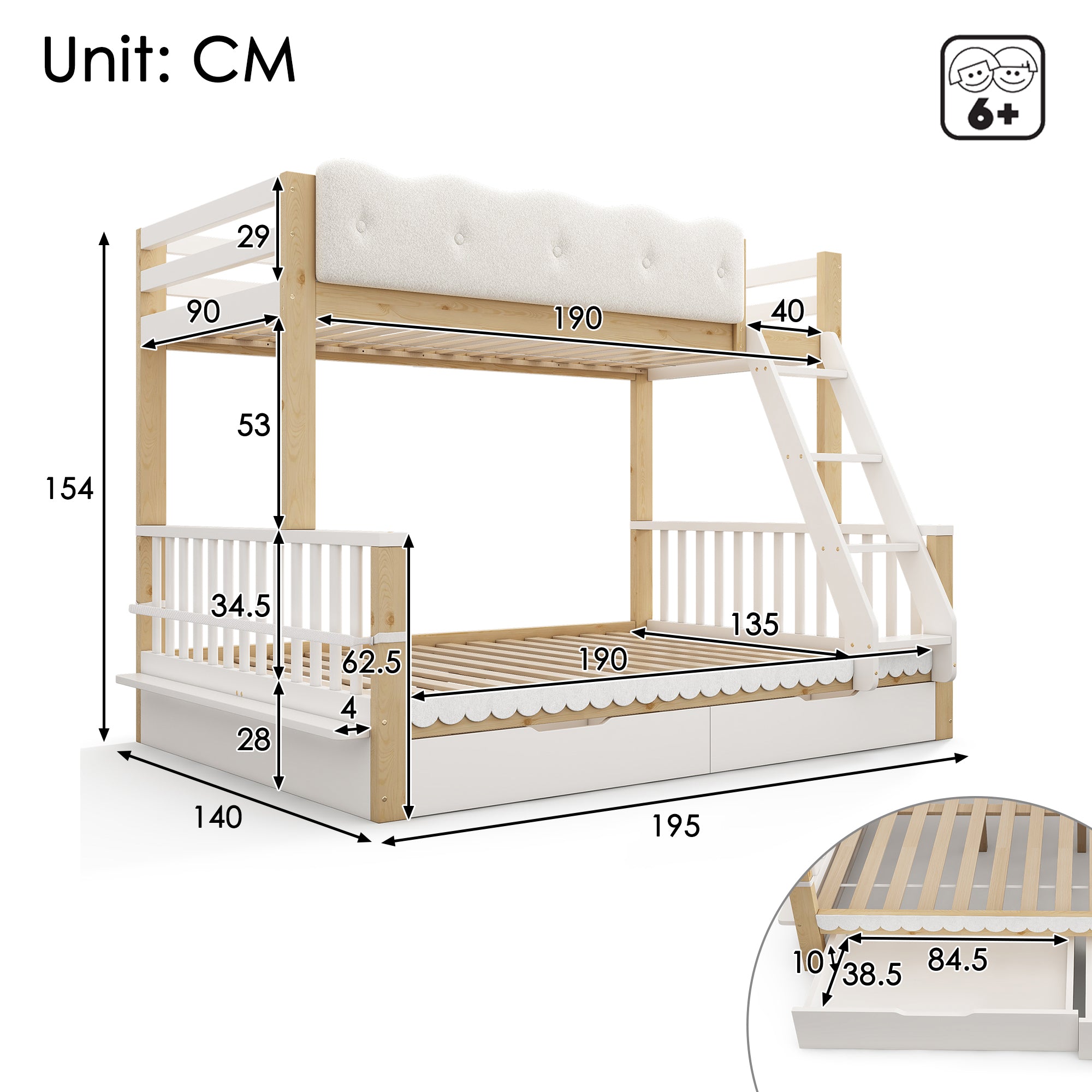 Bunk Beds for Kids, Children's Bunk Bed with Drawers and Side Bookshelf, Double Bunk Bed for Family with Multiple Children, (90+135) x 190 cm, Solid Wood, White & Nature