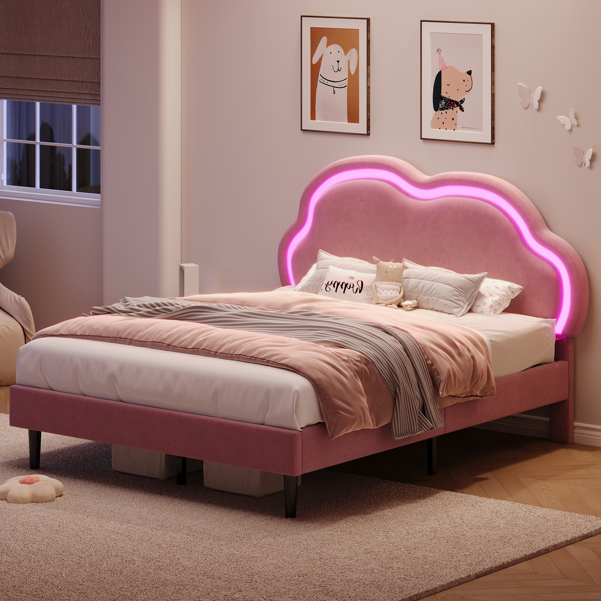 4ft6 Double Upholstered Bed with LED Adjustable Cute Cloud Headboard, Soft Velvet Bed Frame with Solid Wood Slat, No Box Spring Needed, Easy Assembly, Pink (No Mattress)