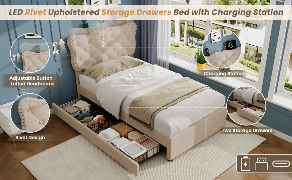 3ft Single Upholstered Bed with Rivet Design and Charging Station, Two Storage Drawers, Adjustable Button Tufted Headboard with USB & Type-C Ports, No Box Spring Needed, Linen, Beige  (No Mattress)
