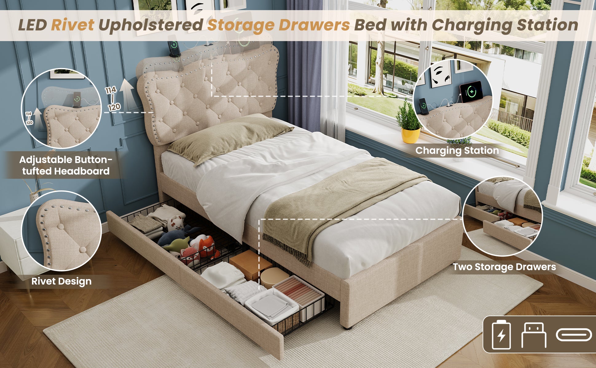 3ft Single Upholstered Bed with Rivet Design and Charging Station, Two Storage Drawers, Adjustable Button Tufted Headboard with USB & Type-C Ports, No Box Spring Needed, Linen, Beige  (No Mattress)