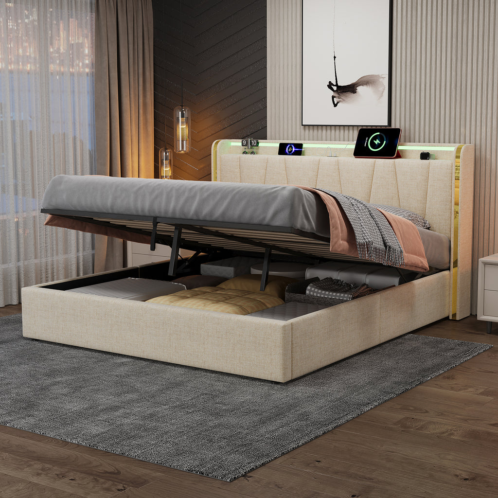 5ft King Upholstered Bed Frame with Hydraulic Storage, LED Headboard with Charging Station and Chrome Trim, USB and Type-C Ports, Linen, No Box Spring Needed, Beige (No Mattress)
