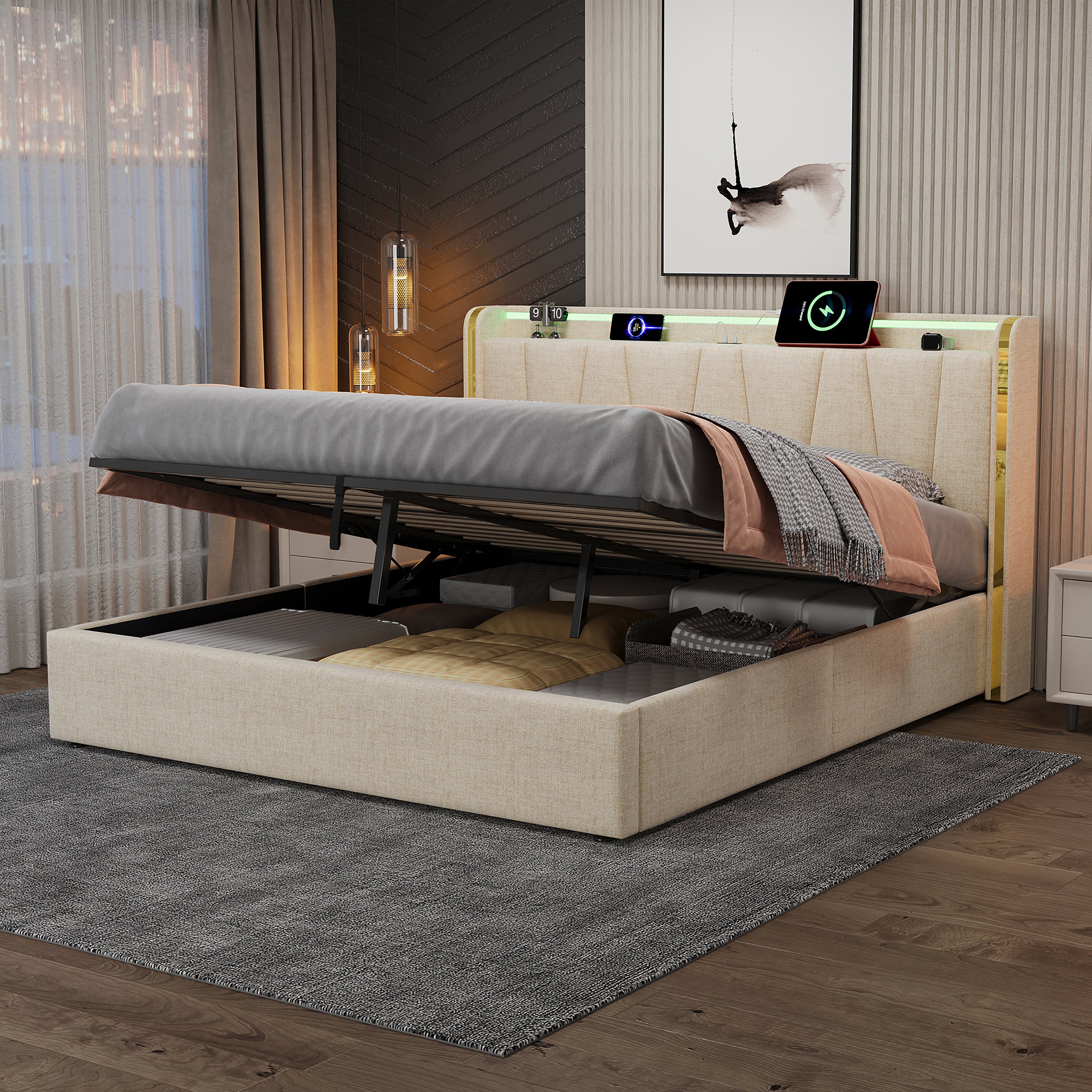5ft King Upholstered Bed Frame with Hydraulic Storage, LED Headboard with Charging Station and Chrome Trim, USB and Type-C Ports, Linen, No Box Spring Needed, Beige (No Mattress)