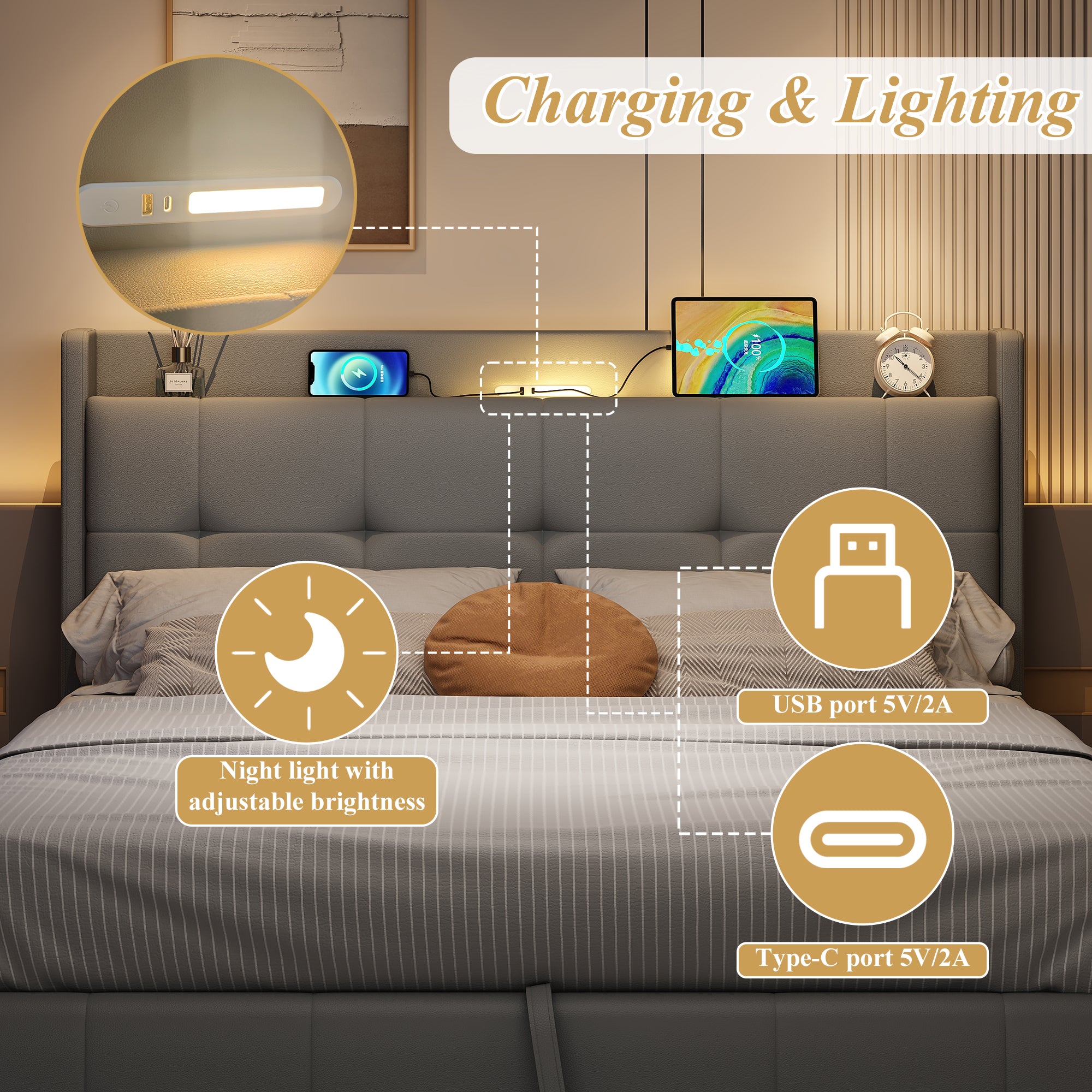 5ft King Upholstered Bed Frame with Hydraulic Storage, PU Leather Ottoman Bed with Concealed Headboard Storage, Double Bed with Charging Station and LED Night Light,  Grey (No Mattress)