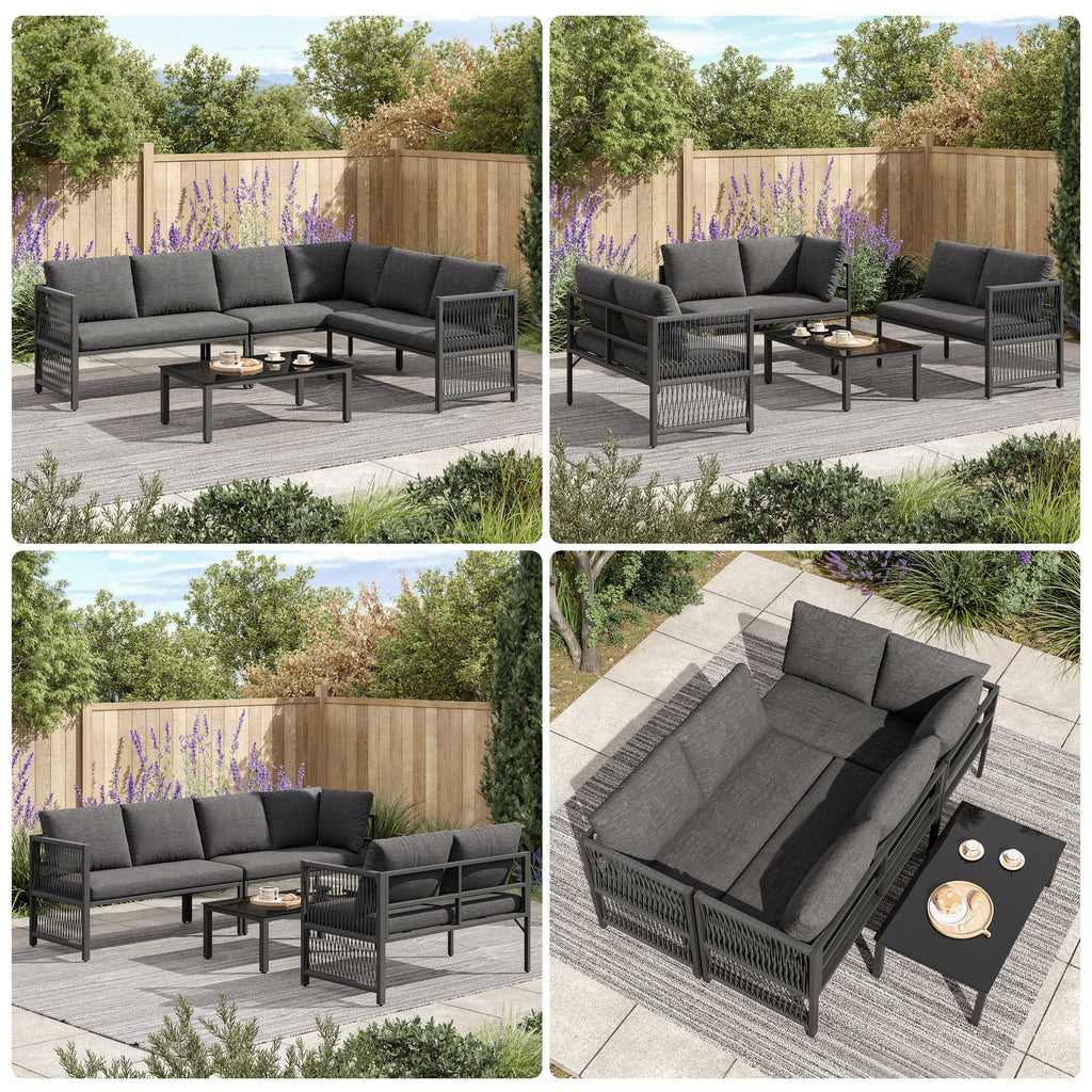 5-6 Seater Garden Furniture Set with Tempered Glass Coffee Table, L-Shaped Corner Sofa with Polyester Rope, Weatherproof Outdoor Patio Dining Lounge Set for Balcony and Terrace, Linen, Grey