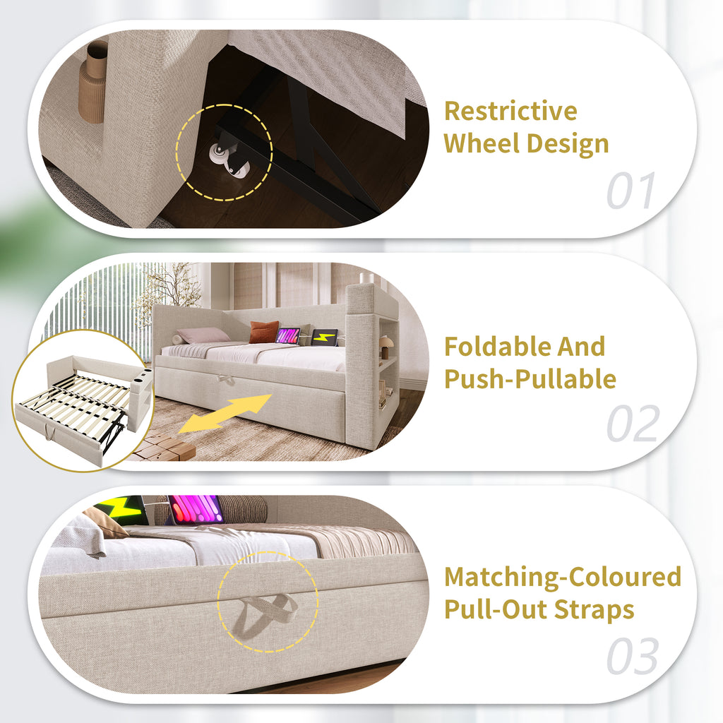 Daybed Upholstered Bed 90 x 190 cm, 3FT Single Sofa Bed with Cup Holders, USB &Type C Charging Station, Pull out Trundle for Living Room and Bedroom, Linen, Beige  (No Mattress)