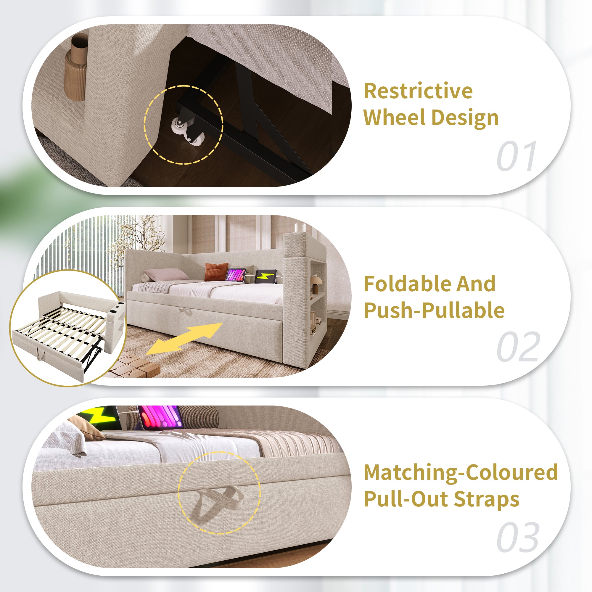 (=TT20148990B) Daybed Upholstered Bed 90 x 190 cm, 3FT Single Sofa Bed with Cup Holders, USB &Type C Charging Station, Pull out Trundle for Living Room and Bedroom, Linen, Beige  (No Mattress)