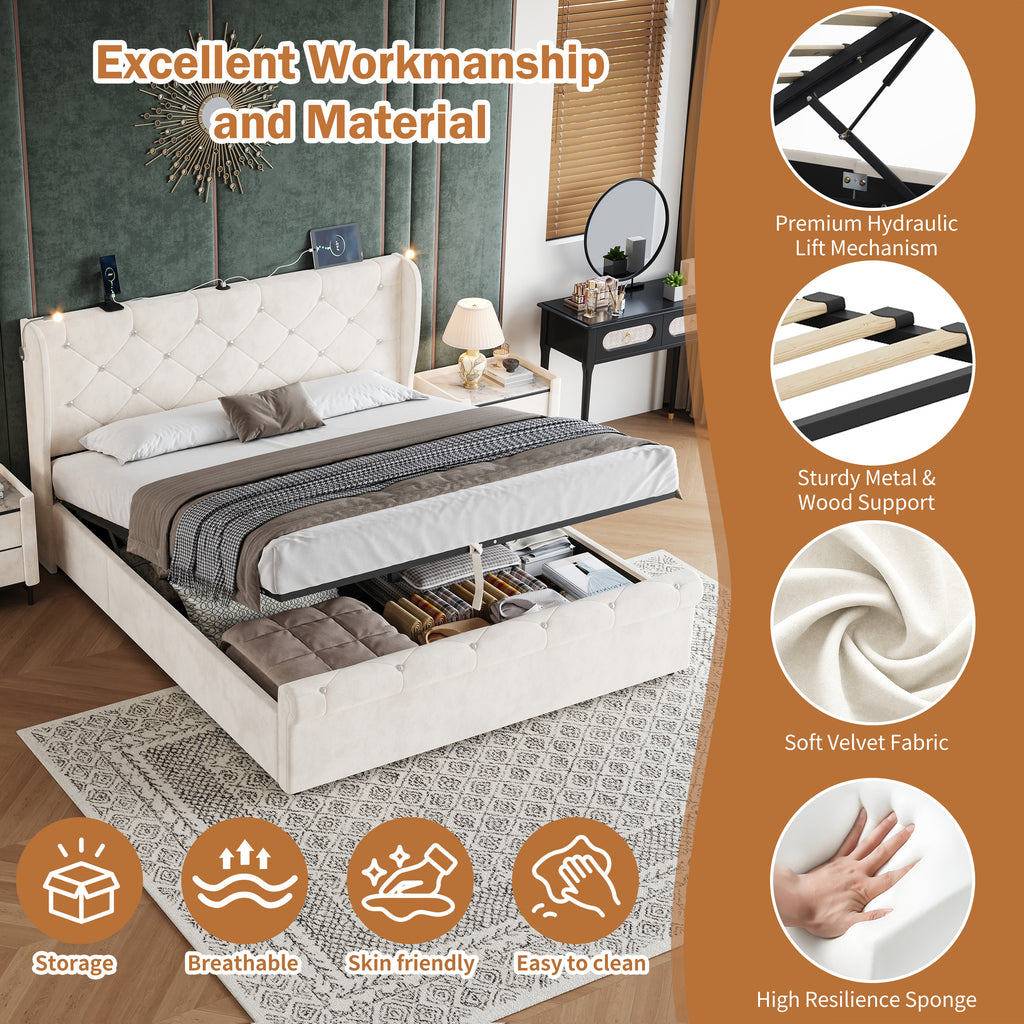 4ft6 Double Upholstered Bed Frame with Hydraulic Storage,  Diamond Tufted Headboard with Charging Station and Reading Light, USB and Type - C Ports, Velvet, Beige (No Mattress)