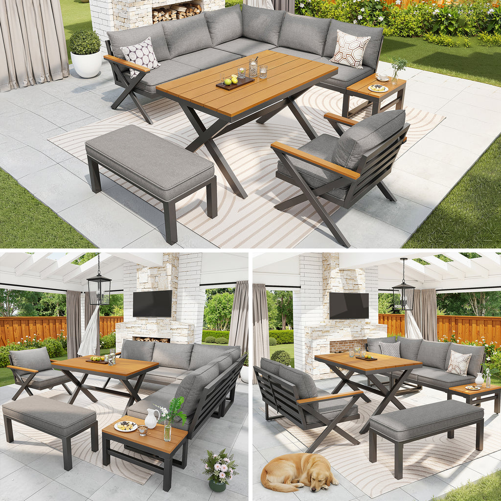 Outdoor Sofa Set with X-Shaped Metal Frame, 8cm Thick Cushions, Plastic Wood Armrests, for Patio & Garden