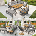Outdoor Sofa Set with X-Shaped Metal Frame, 8cm Thick Cushions, Plastic Wood Armrests, for Patio & Garden