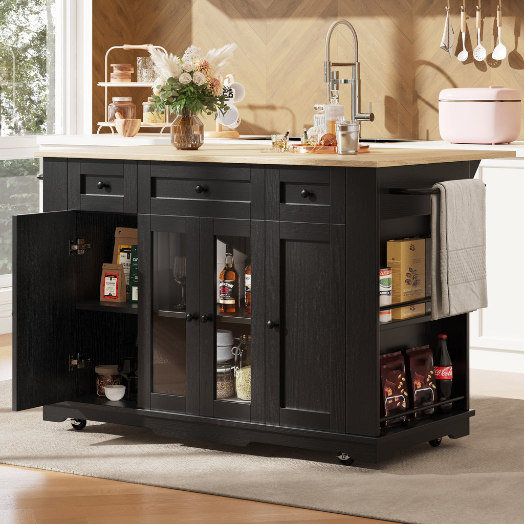 Kitchen island, (151.5x60x91.7cm)removable partitions, kitchen cabinet, dining trolley with worktop, sideboard, dining trolley with wood grain finish, sideboard, tempered glass cabinet, white/black