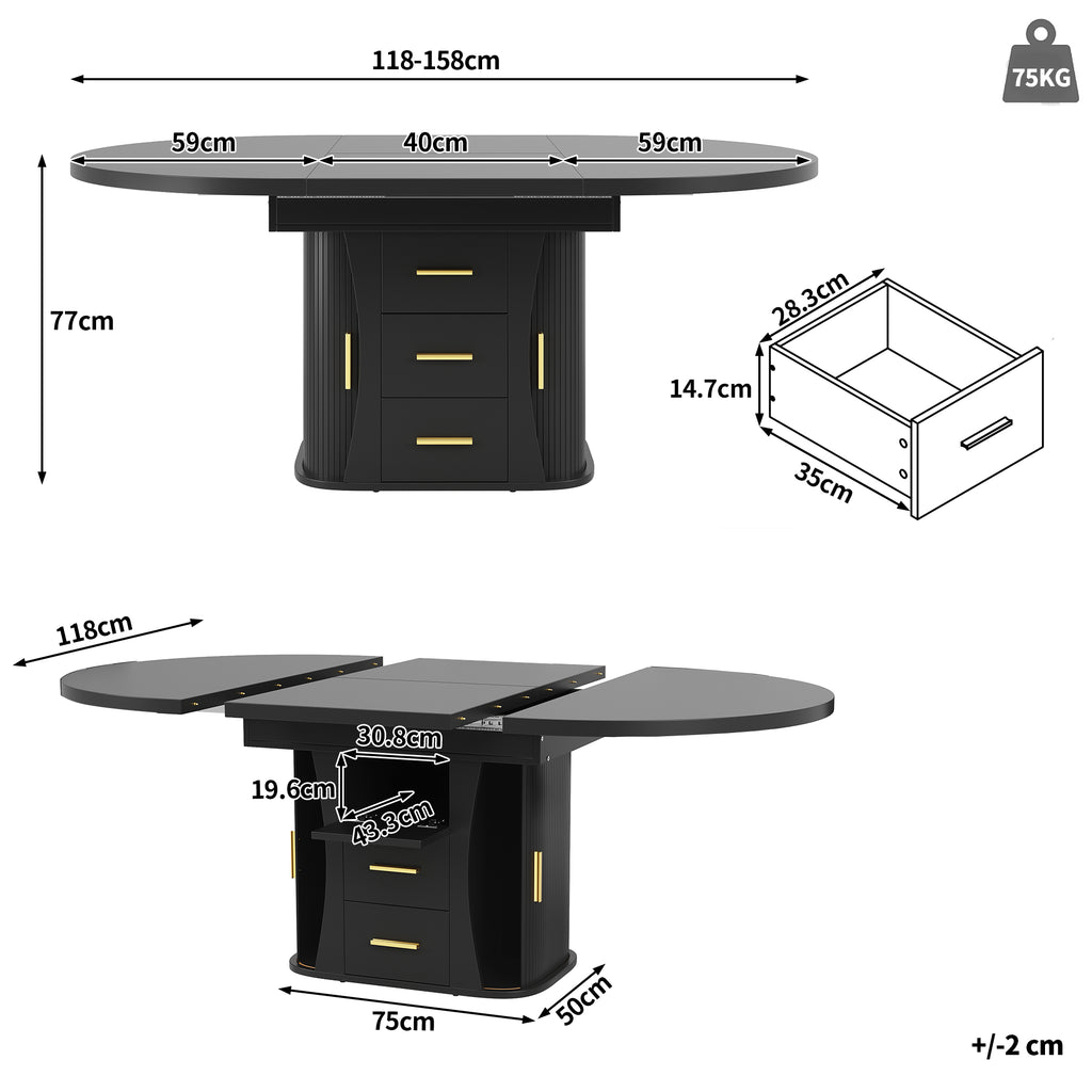Extendable dining table, dining room table, kitchen table, round dining table, extends to oval, 118-158 cm, seats up to 6 people, three-tier storage, black