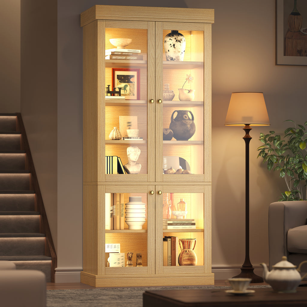 Modern freestanding cabinet with integrated LED mood lighting, glass display case, well-designed interior layout and anti-tip protection; stable, safe and versatile for the home; natural brown.