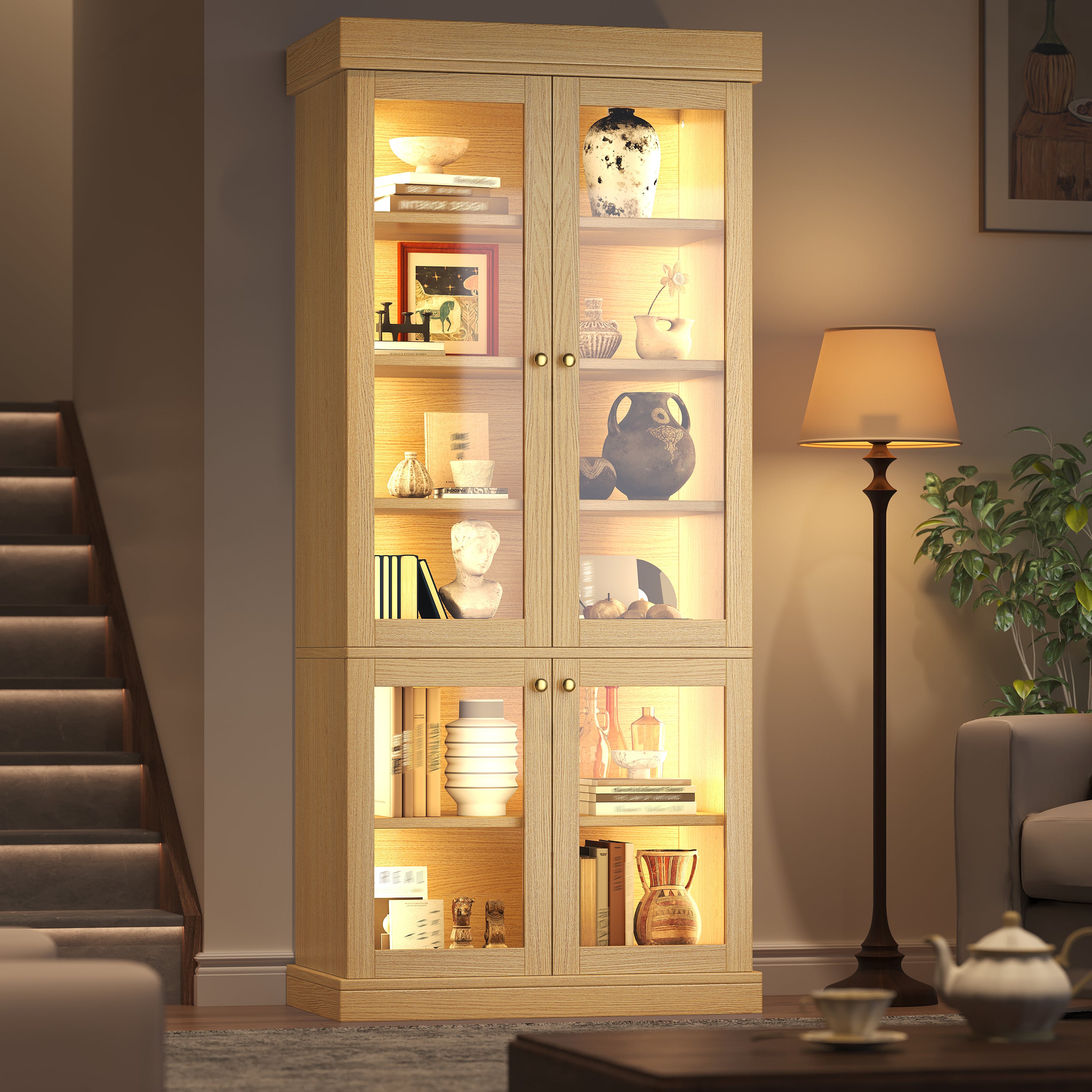 Modern freestanding cabinet with integrated LED mood lighting, glass display case, well-designed interior layout and anti-tip protection; stable, safe and versatile for the home; natural brown.
