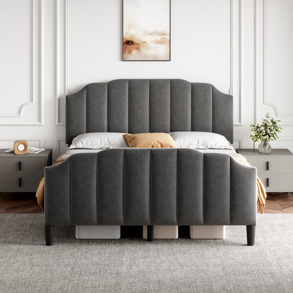 4ft6 Double Upholstered Bed Frame with Adjustable Chic Channel-Tufted Headboard, Velvet Platform Bed Frame with Solid Wood Slat and Mute Foam, No Box Spring Needed, Easy Assembly, Grey (No Mattress)