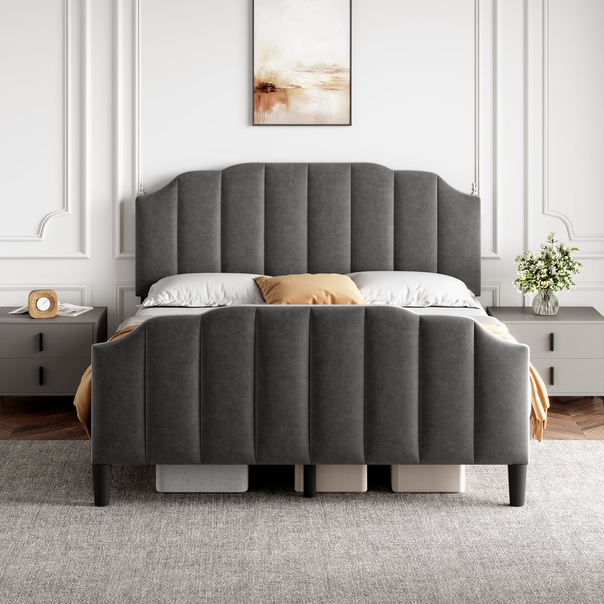 4ft6 Double Upholstered Bed Frame with Adjustable Chic Channel-Tufted Headboard, Velvet Platform Bed Frame with Solid Wood Slat and Mute Foam, No Box Spring Needed, Easy Assembly, Grey (No Mattress)