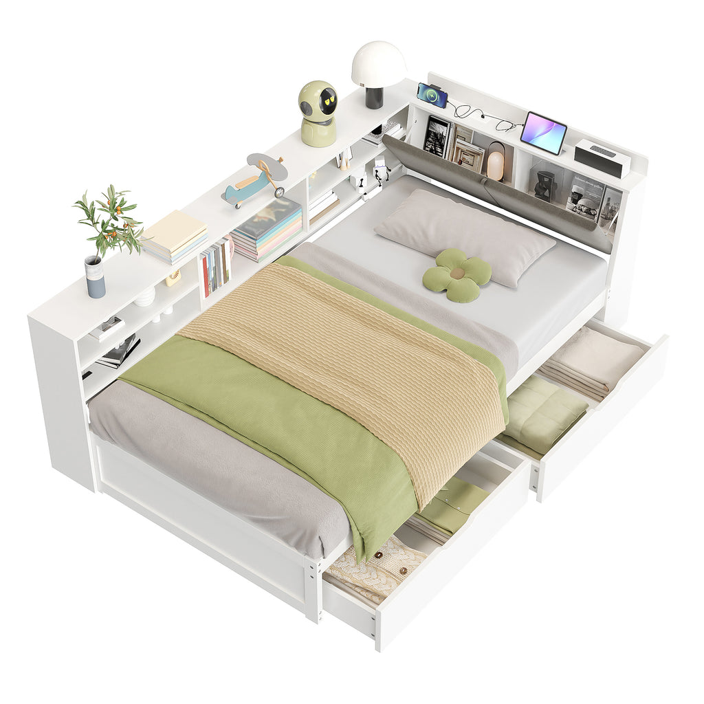 3ft Single L-Shape Daybed with Two Storage Drawers and Bookcase Storage, Linen Concealed Headboard Storage with Charging Station, Wood Bed for Living Room/ Bedroom/ Study Room, White (No Mattress)