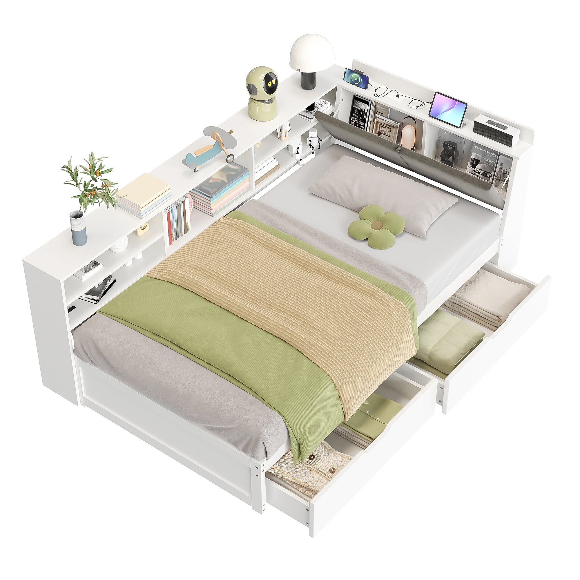 3ft Single L-Shape Daybed with Two Storage Drawers and Bookcase Storage, Linen Concealed Headboard Storage with Charging Station, Wood Bed for Living Room/ Bedroom/ Study Room, White (No Mattress)