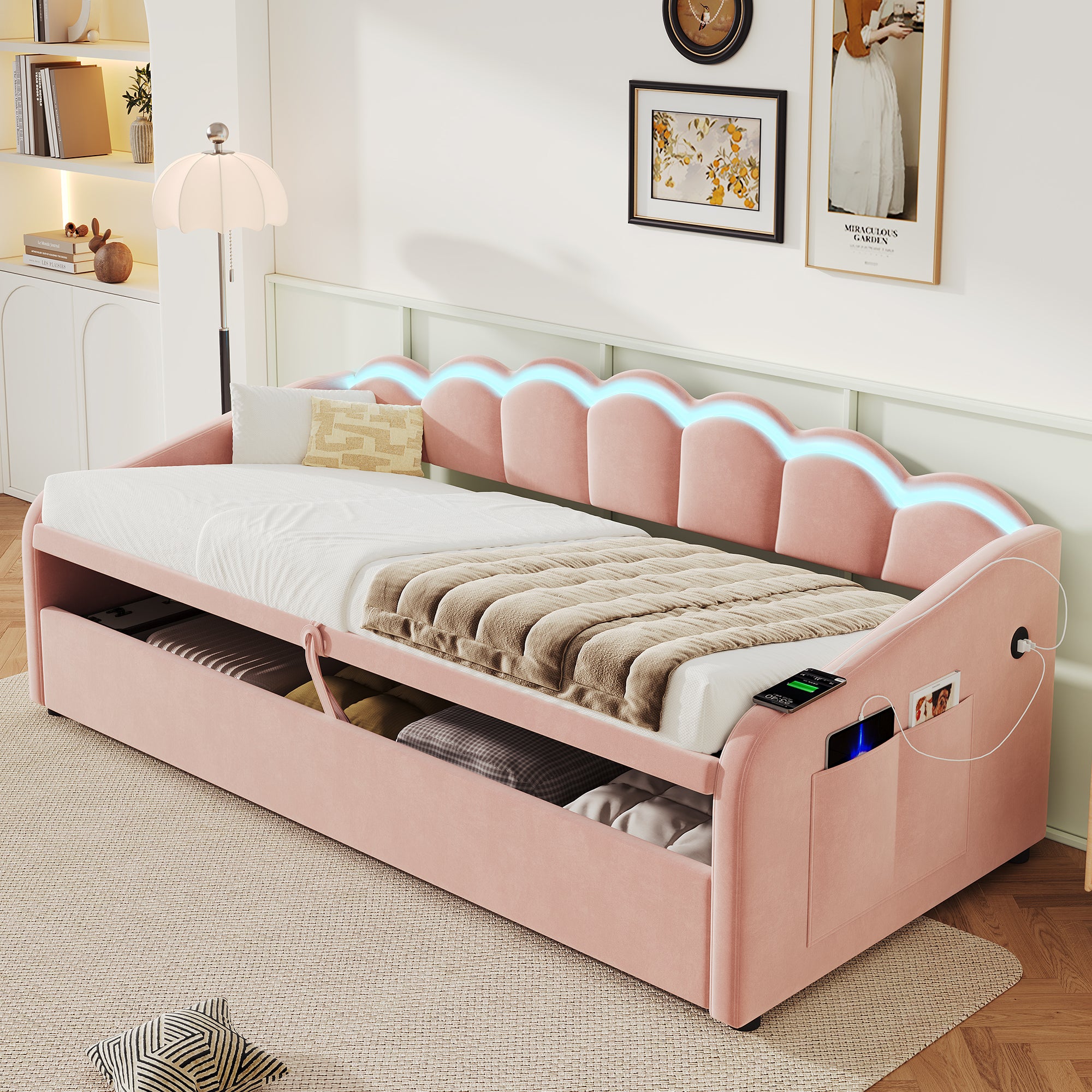 Upholstered Bed 90x190cm, Daybed, RGB LED Sofa Bed with Charging Station, 3ft Petal Shape Single Bed with Hydraulic Storage for Living Room/ Bedroom/ Study Room, Velvet, Pink (No Mattress)