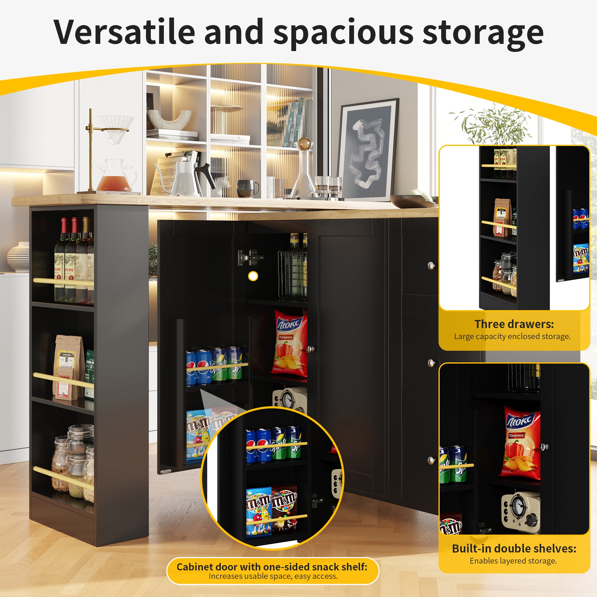 360° swivelling dining table (138-209 x 39 x 106 cm) on castors, bar table, black, with three drawers and snack rack, multifunctional storage island, suitable for kitchen and living room.