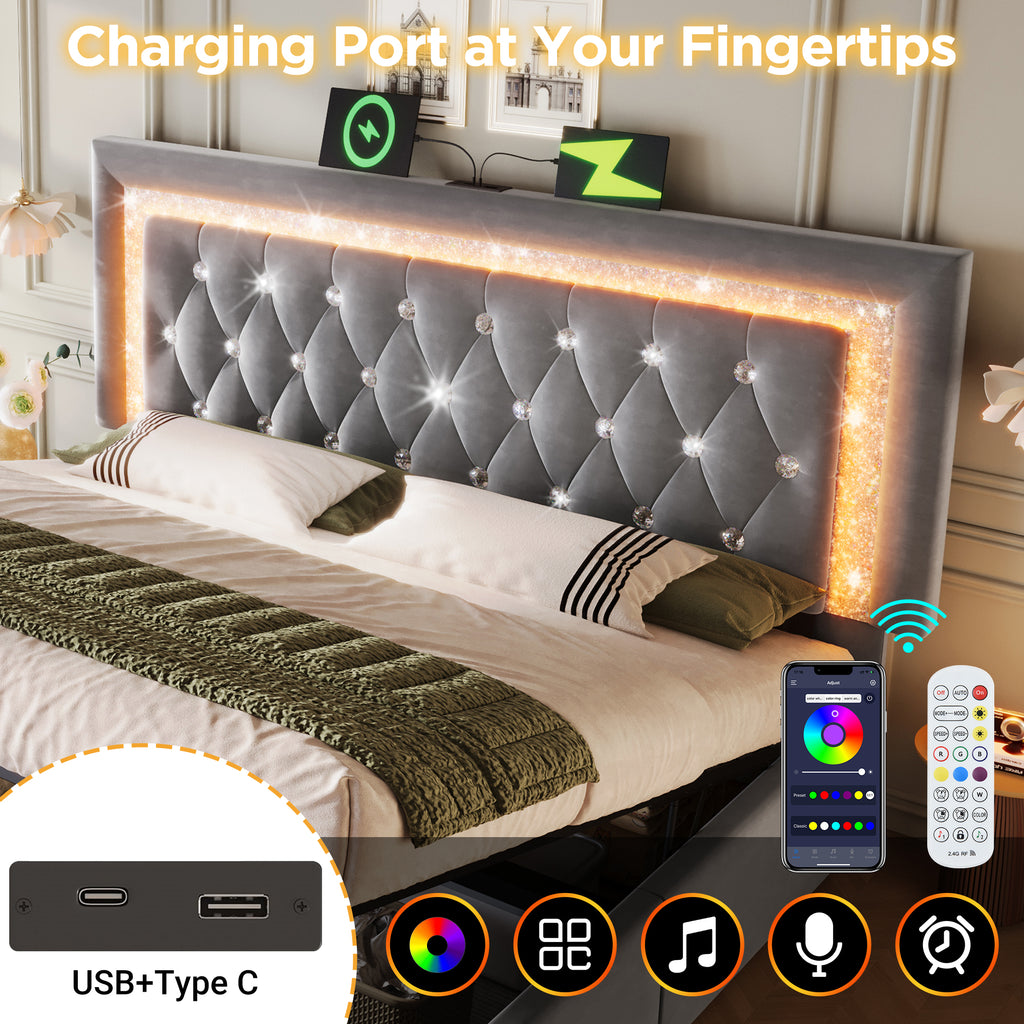 Upholstered Double Bed 135 x 190 cm with LED Lighting, USB Type-C Charging, 4ft6 Hydraulic Storage Bed with Adjustable Diamond Tufted Headboard, Velvet, Grey (No Mattress)