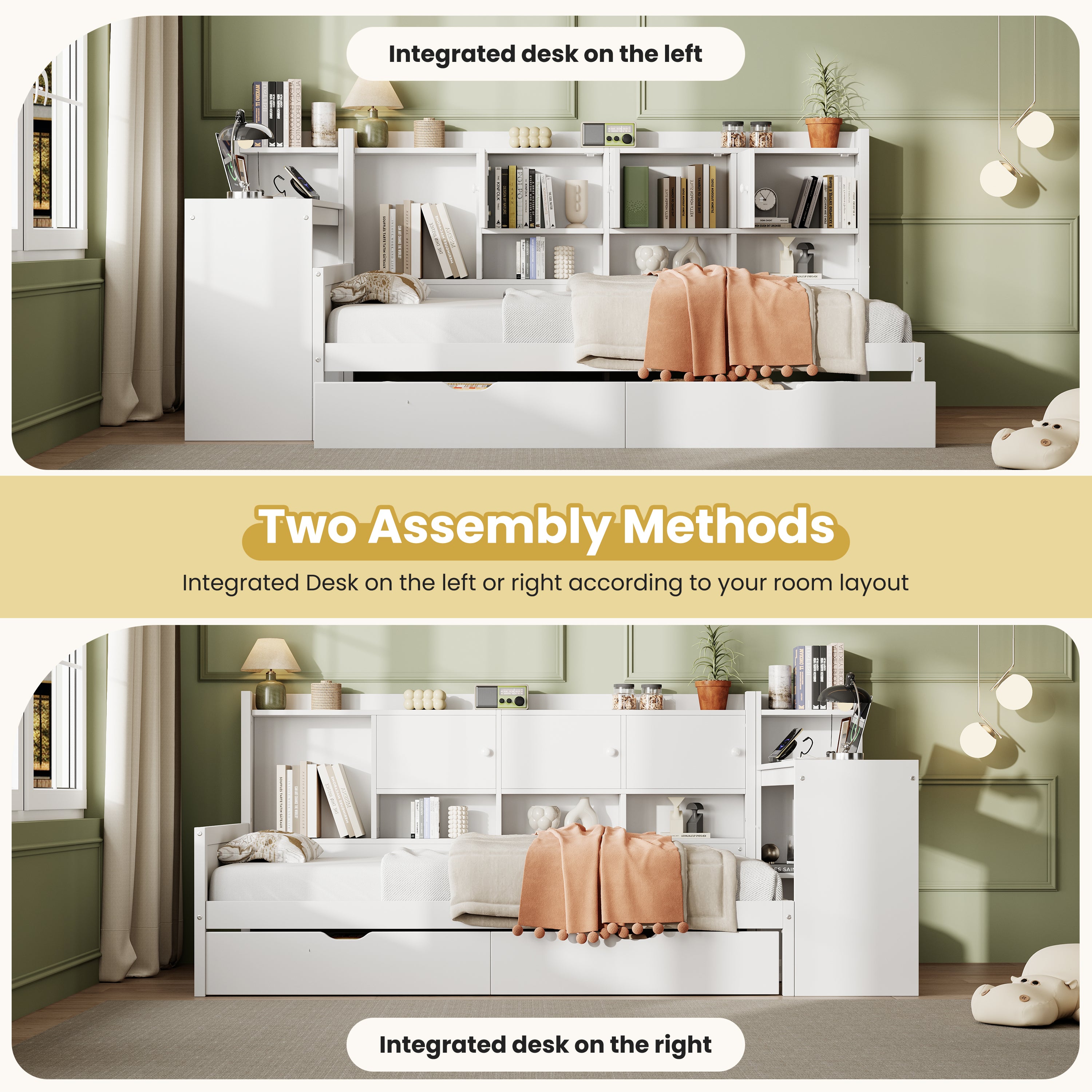 3ft Single Daybed with Storage Drawers and Bookcase, Modern Bed frame with Charging Station and Integrated Desk, Wood Bed for Living Room/ Bedroom/ Study Room, Two Assembly Methods, White(No Mattress)