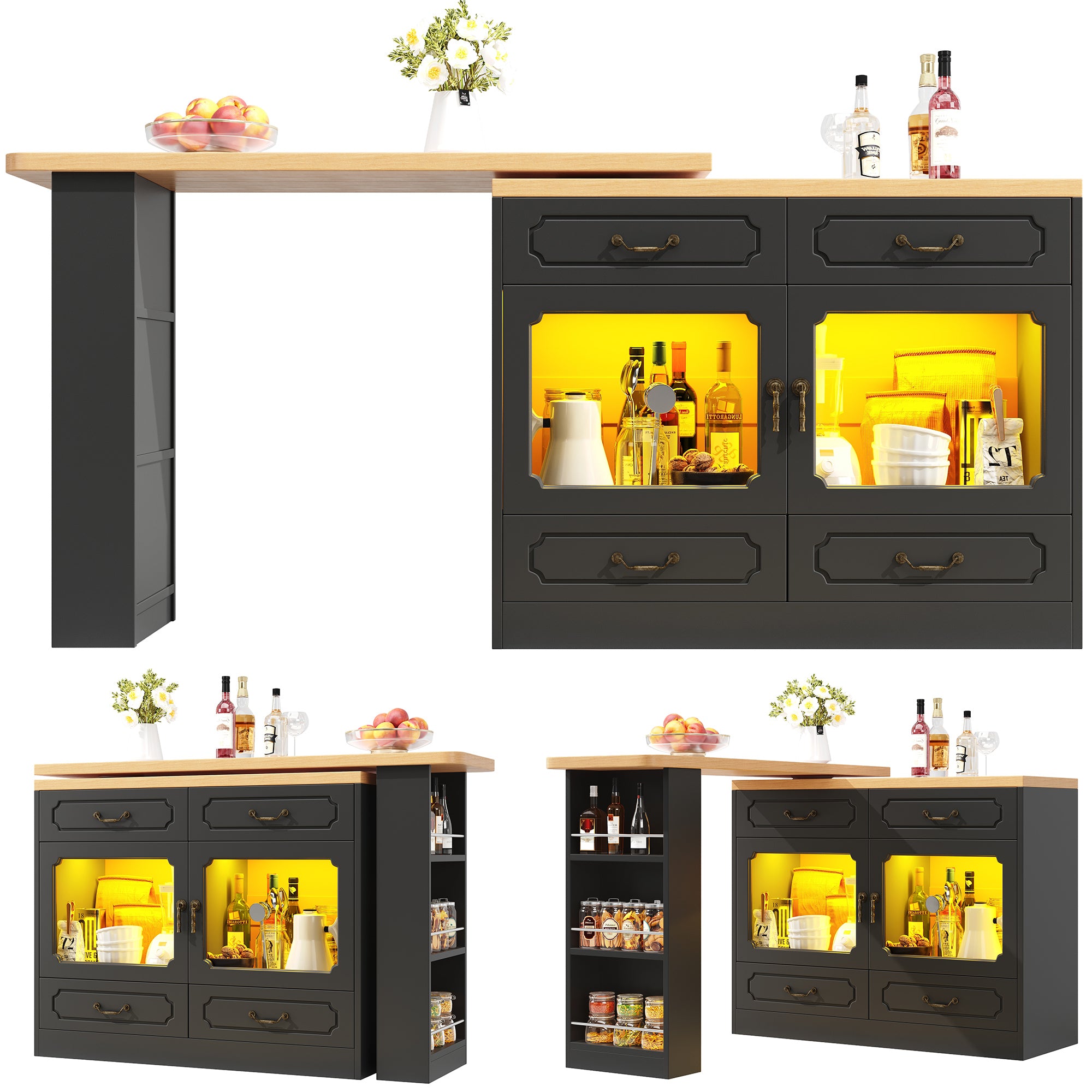 360° rotation, bar table (main body 135-203 x 39 x 92.8 cm), coffee bar furniture, rotatable dining bar with storage, kitchen island, double doors with four drawers, 3-tier open storage space, black