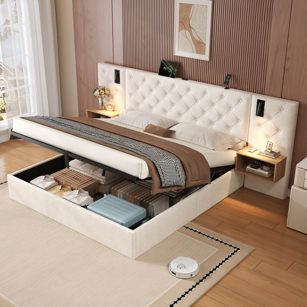 King Upholstered Bed with Charging Station, Velvet Hydraulic Storage Bed with Reading Light, 5ft King Bed Frame with Handmade Button Tufted Wide Headboard and Bedside Storage, Beige (No Mattress)