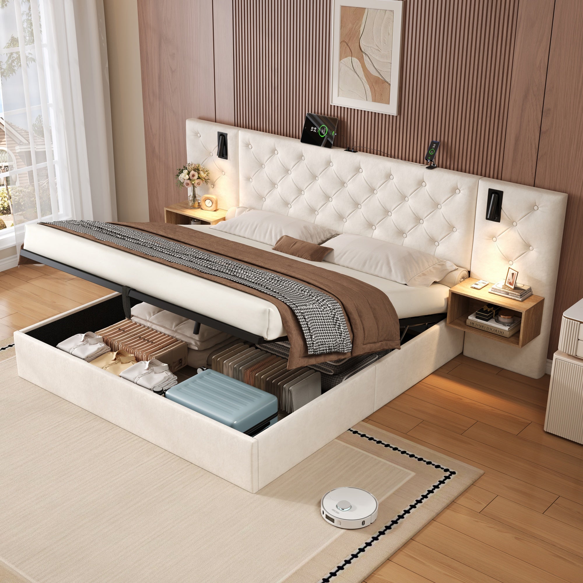 King Upholstered Bed with Charging Station, Velvet Hydraulic Storage Bed with Reading Light, 5ft King Bed Frame with Handmade Button Tufted Wide Headboard and Bedside Storage, Beige (No Mattress)