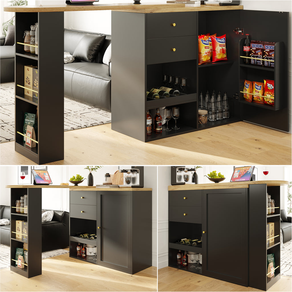 360° Swivelling Bar Table (105 x 39 x 102 cm), with 2 Drawers and Sliding Door Cabinet, 3 Levels of Open Storage Space, Suitable for Dining Room/Study/Living Room etc.