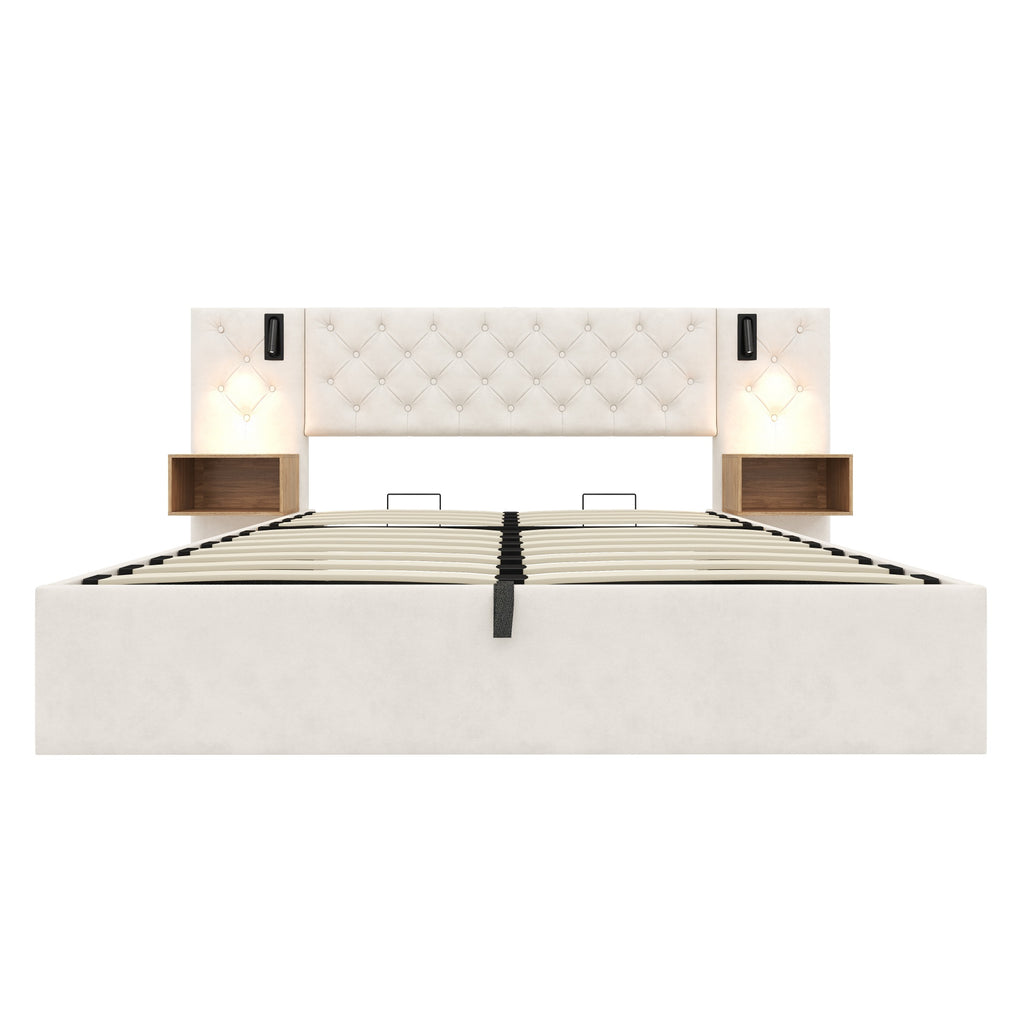Beige Wide Headboard Upholstered Bed with charging station & Bedside Storage, package 1