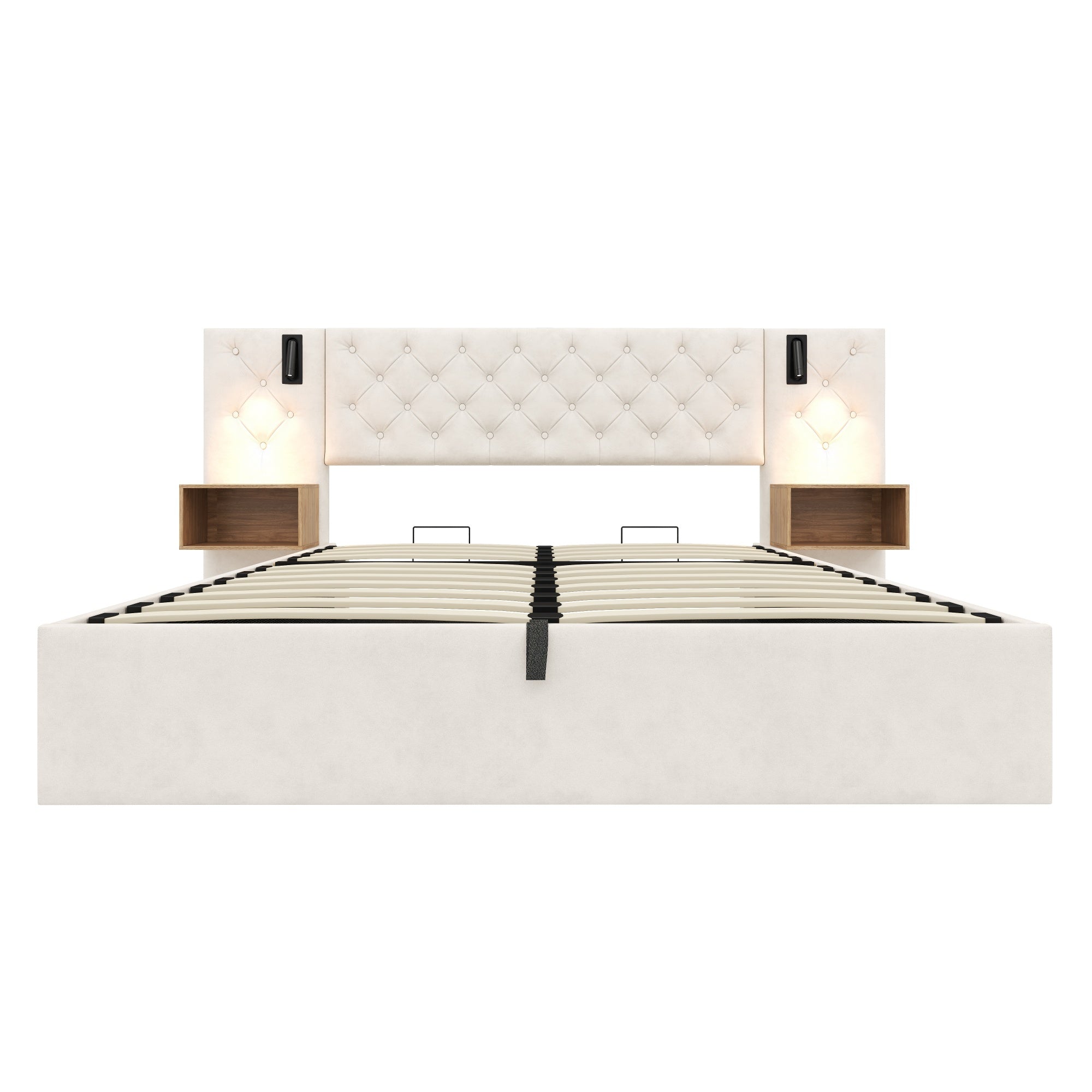 Beige Wide Headboard Upholstered Bed with charging station & Bedside Storage, package 1