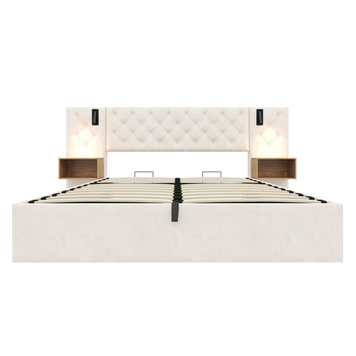 Beige Wide Headboard Upholstered Bed with charging station & Bedside Storage, package 1