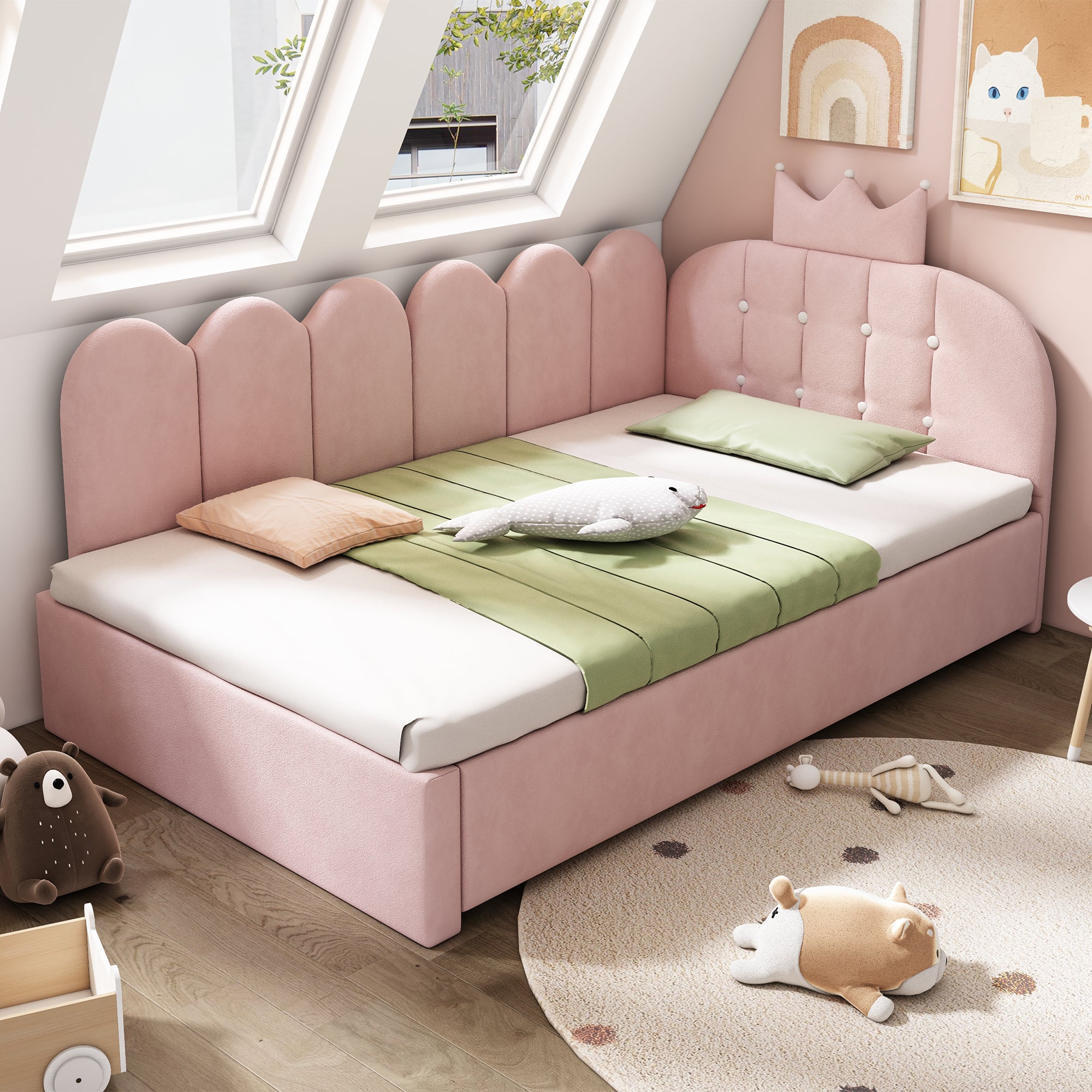 Upholstered Daybed with Pull-Out Bed, Crown-shaped Trundle Bed, 3FT Single Sofa Bed 90 x 190 cm, Guest Beds for Adults & Children, Bed with Metal Slatted Frame, Velvet, Pink (No Mattress)