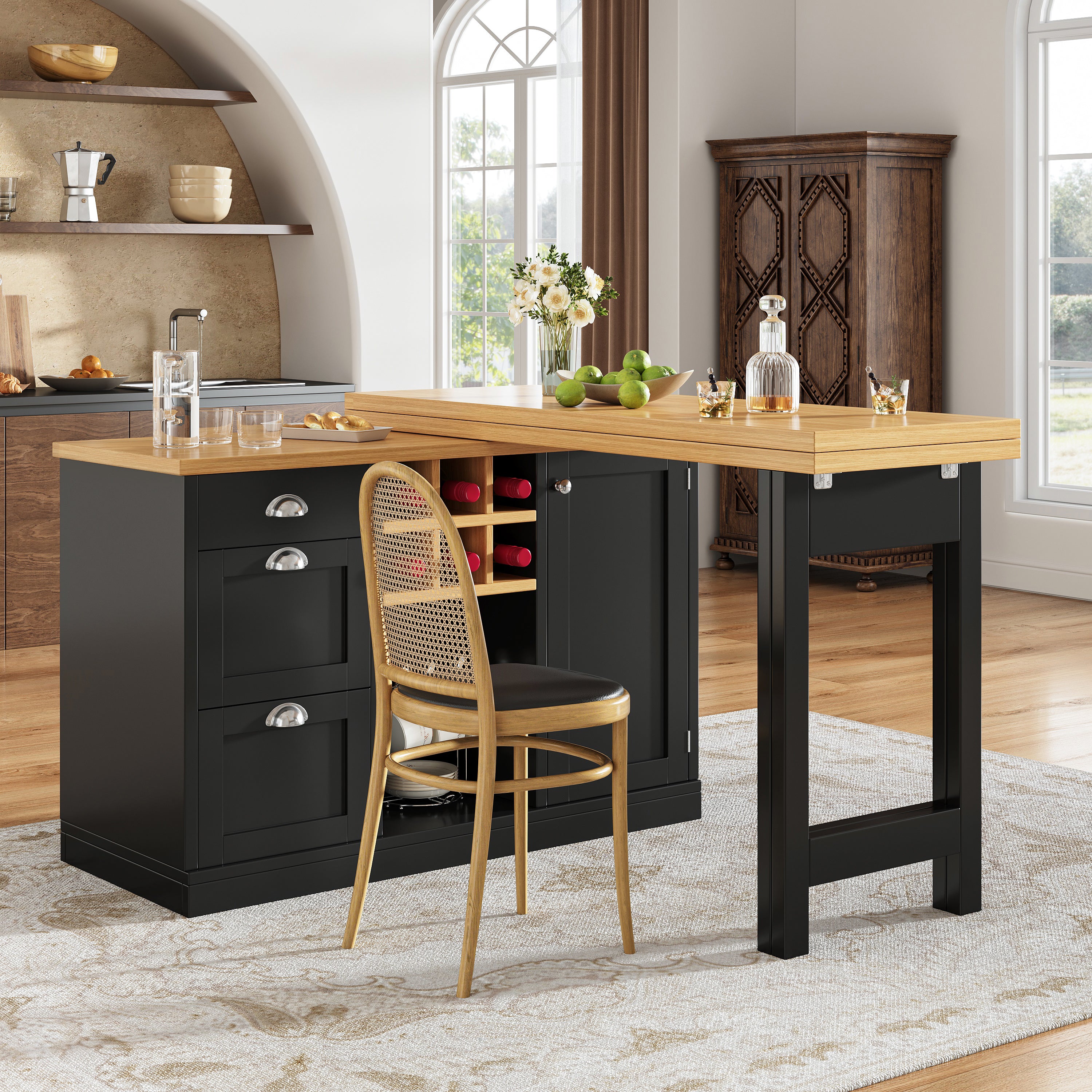 Extendable Sideboard & Dining Table Combo, 3 Drawers & Snack rack & Wine rack, Space-Saving Sideboard for Small Flats, White/Black