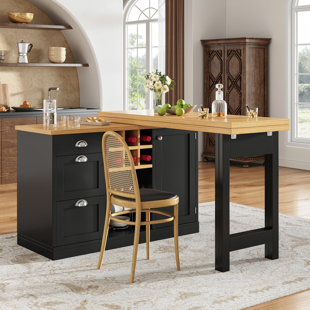 Extendable Sideboard & Dining Table Combo, 3 Drawers & Snack rack & Wine rack, Space-Saving Sideboard for Small Flats, White/Black