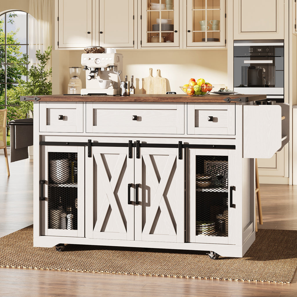 Kitchen island trolley with extendable worktop and power connection, 91cm working height, white/black, load capacity up to 75kg