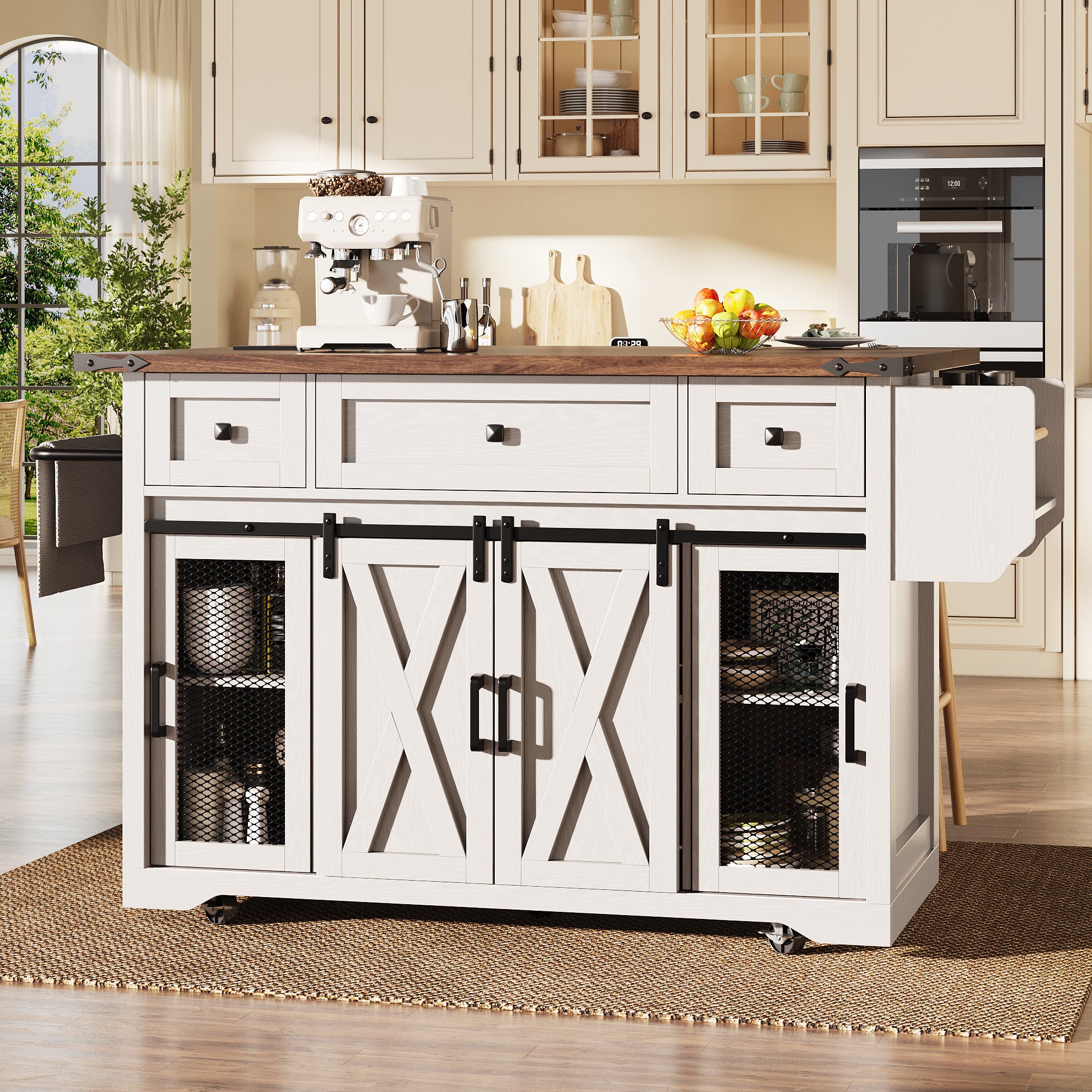 Kitchen island trolley with extendable worktop and power connection, 91cm working height, white/black, load capacity up to 75kg