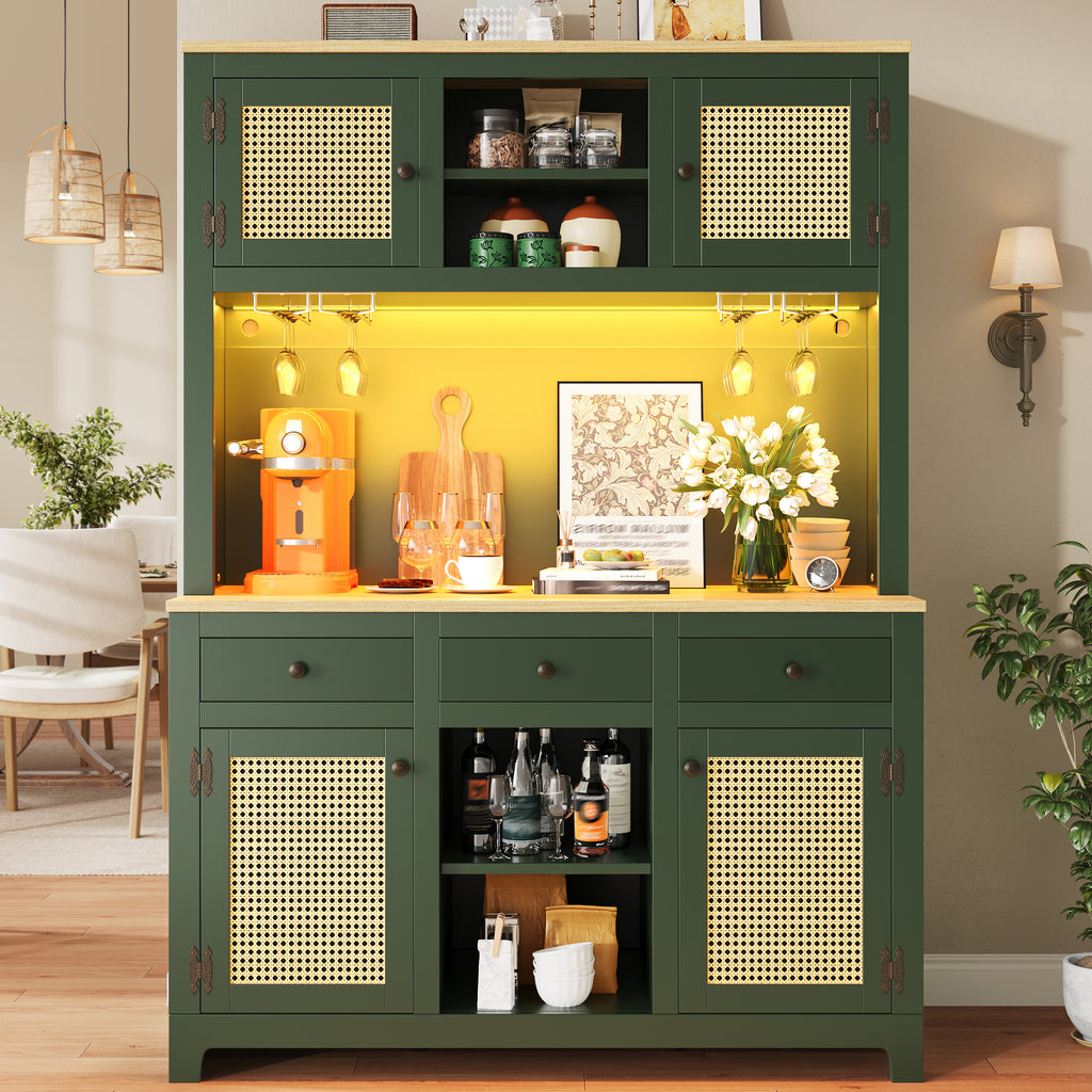 LED tall cabinet with lighting system, PE rattan cabinet with anti-tip device, large freestanding cabinet with adjustable shelves and drawers, vintage storage cabinet for kitchen, dining room