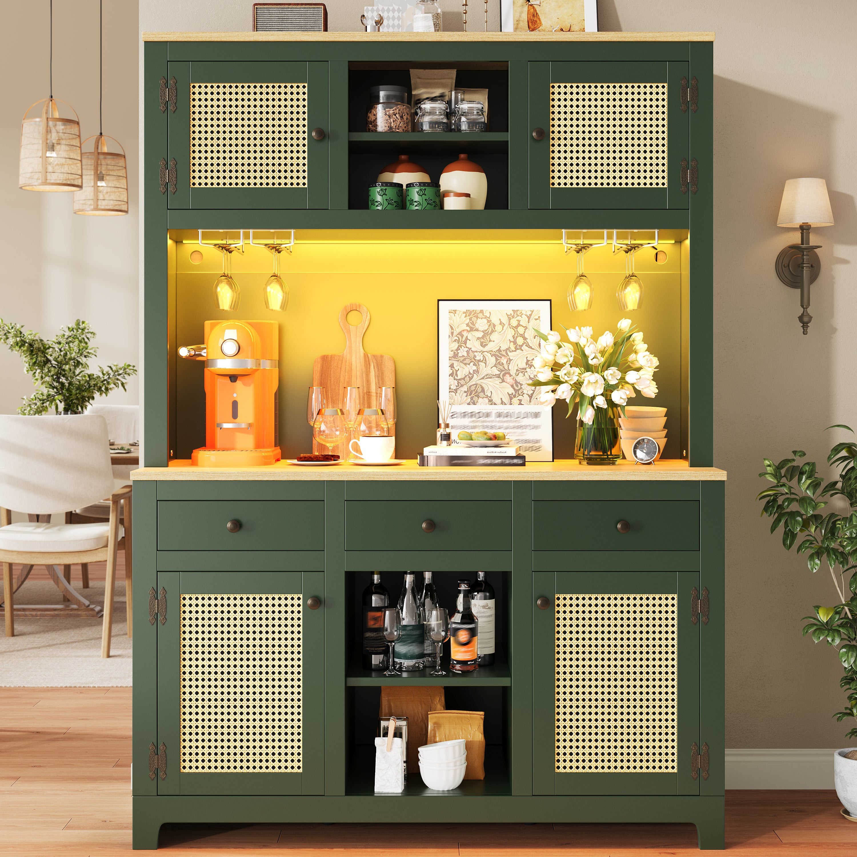 LED tall cabinet with lighting system, PE rattan cabinet with anti-tip device, large freestanding cabinet with adjustable shelves and drawers, vintage storage cabinet for kitchen, dining room