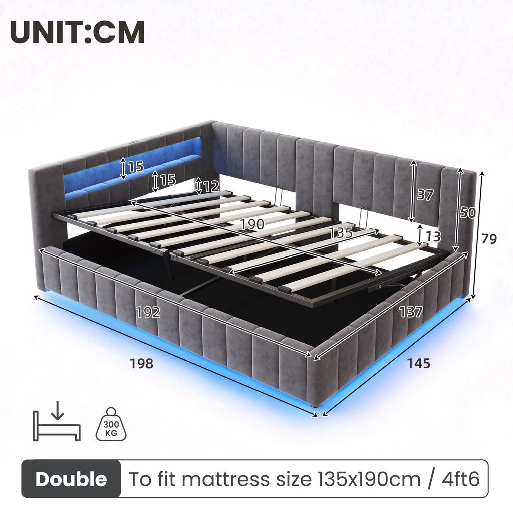 4ft6 Double Velvet Side Hydraulic Storage Bed with Smart RGB LED Lights & Charging Station, Side Opening Ottoman Bed Frame with Type-C & USB Ports, Channel Tufted, Grey(No Mattress)